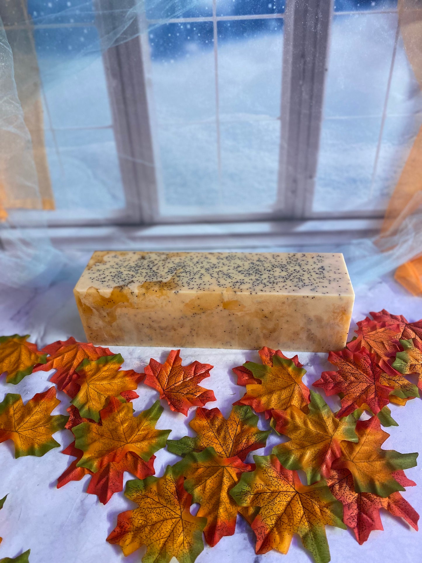 Pumpkin Spice Buttercream Scented Melt and Pour Soap with Poppyseeds and a Free Bamboo Soap Dish