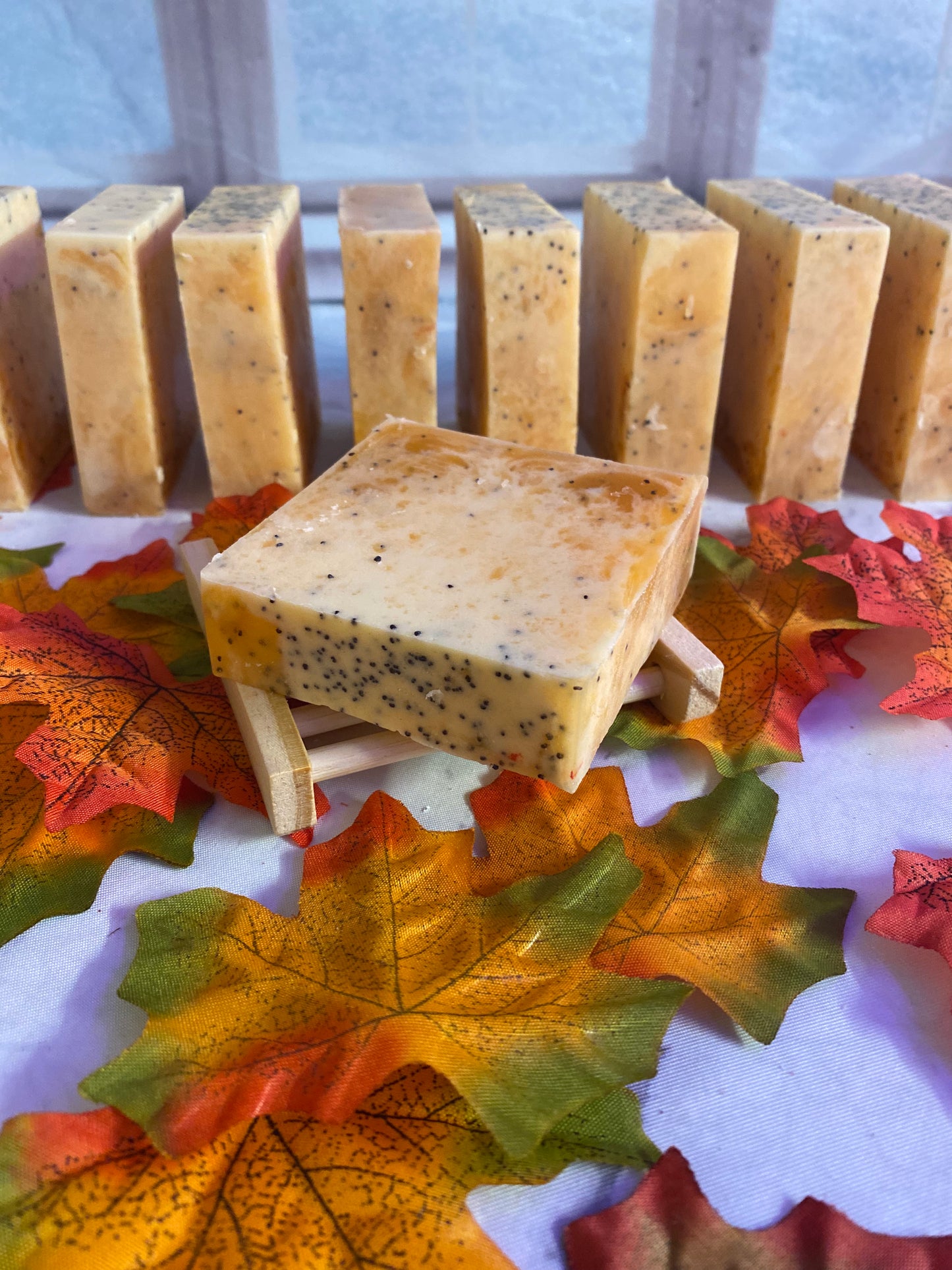Pumpkin Spice Buttercream Scented Melt and Pour Soap with Poppyseeds and a Free Bamboo Soap Dish
