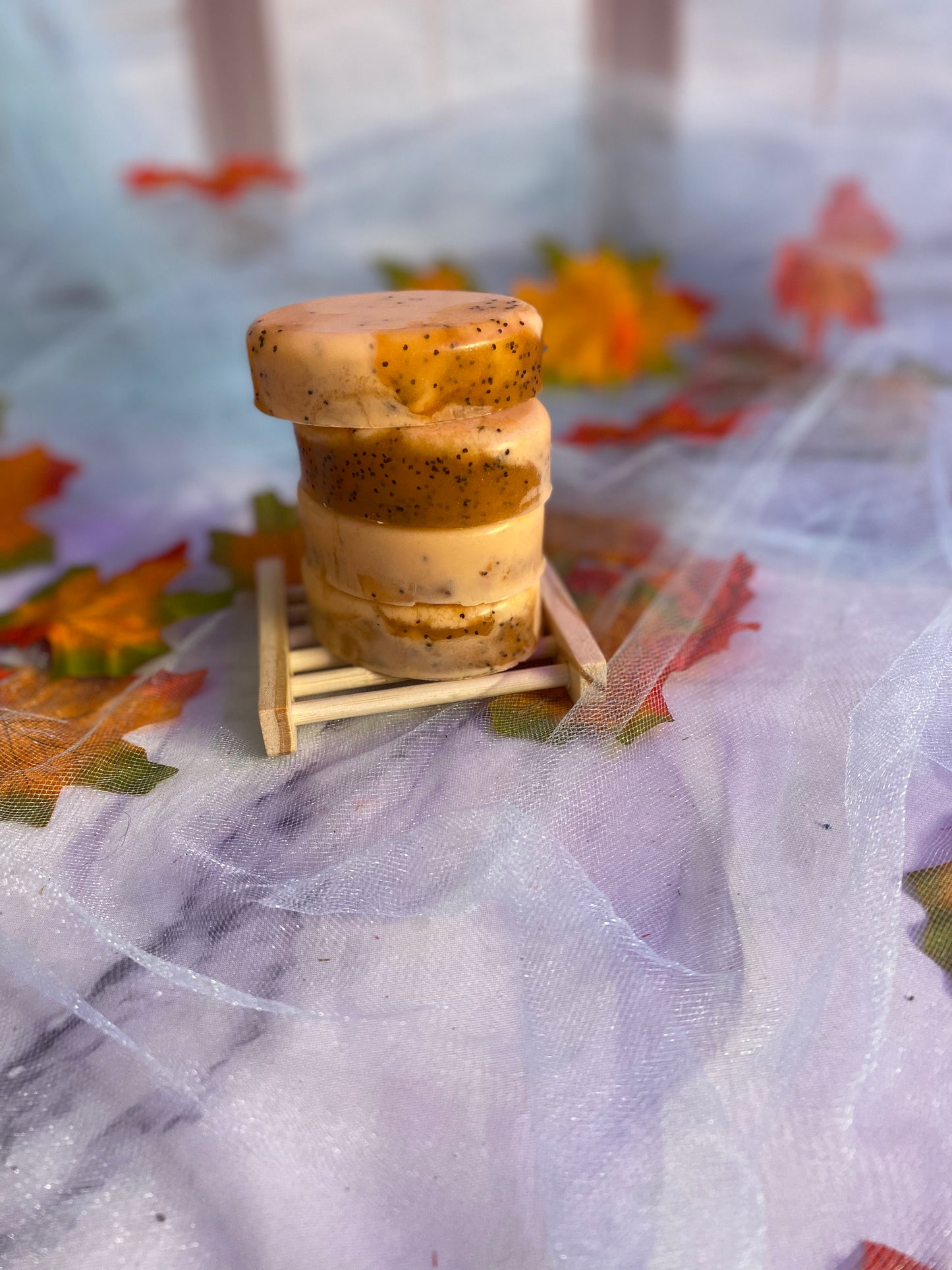 Pumpkin Spice Buttercream Scented Melt and Pour Soap with Poppyseeds and a Free Bamboo Soap Dish
