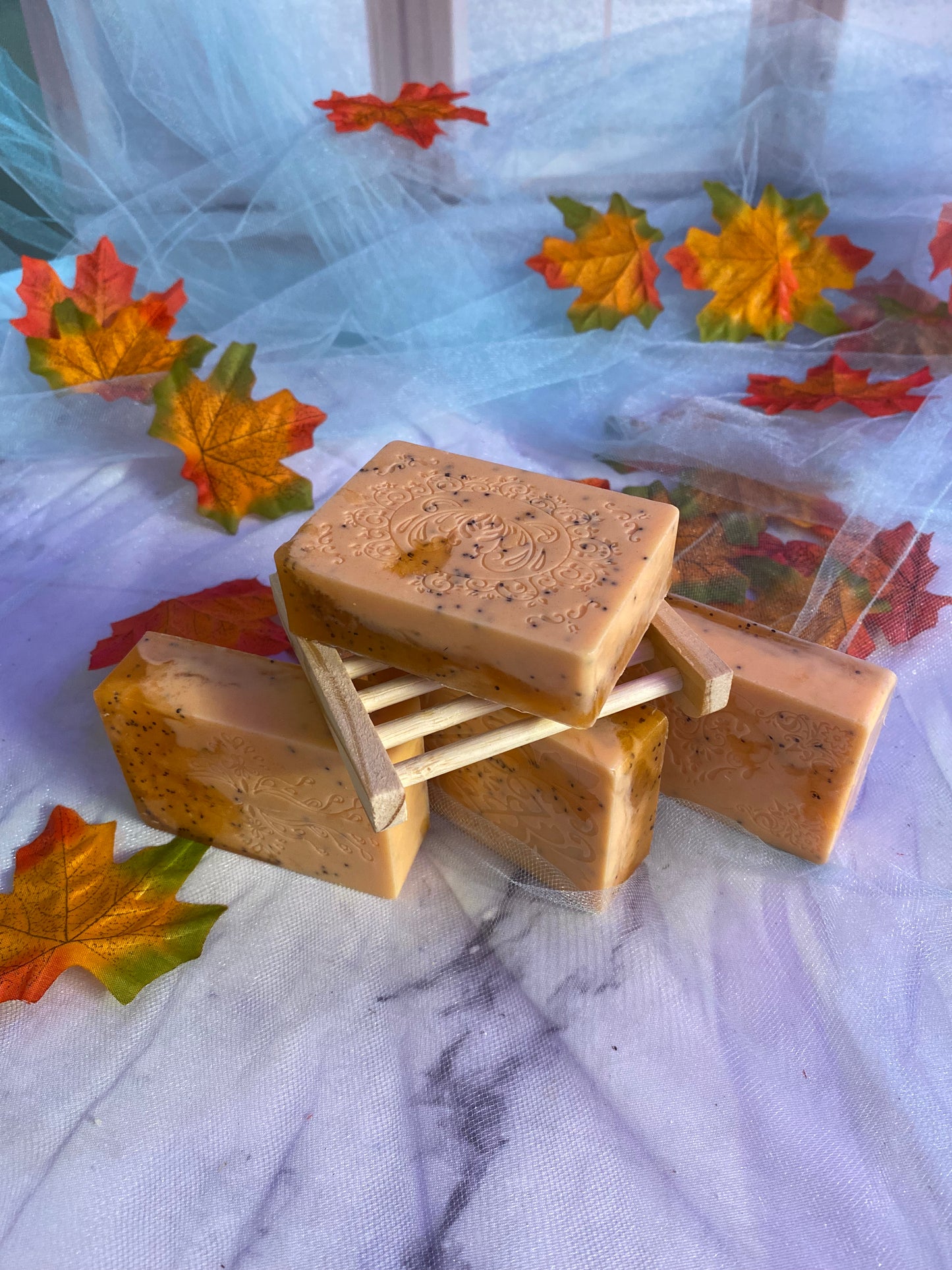 Pumpkin Spice Buttercream Scented Melt and Pour Soap with Poppyseeds and a Free Bamboo Soap Dish
